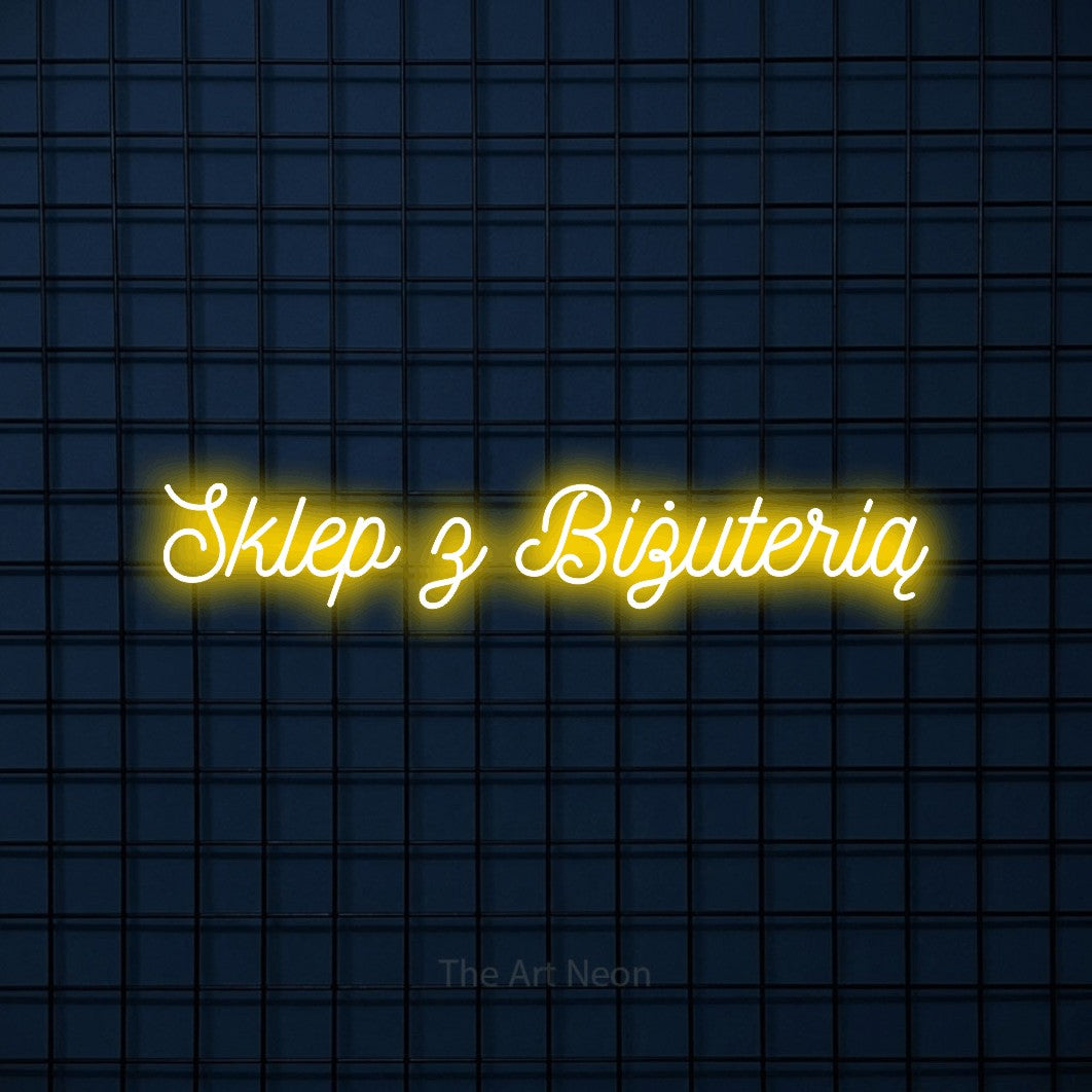LED neon sign reading “Sklep z Biżuterią”, arranged in a single line.
