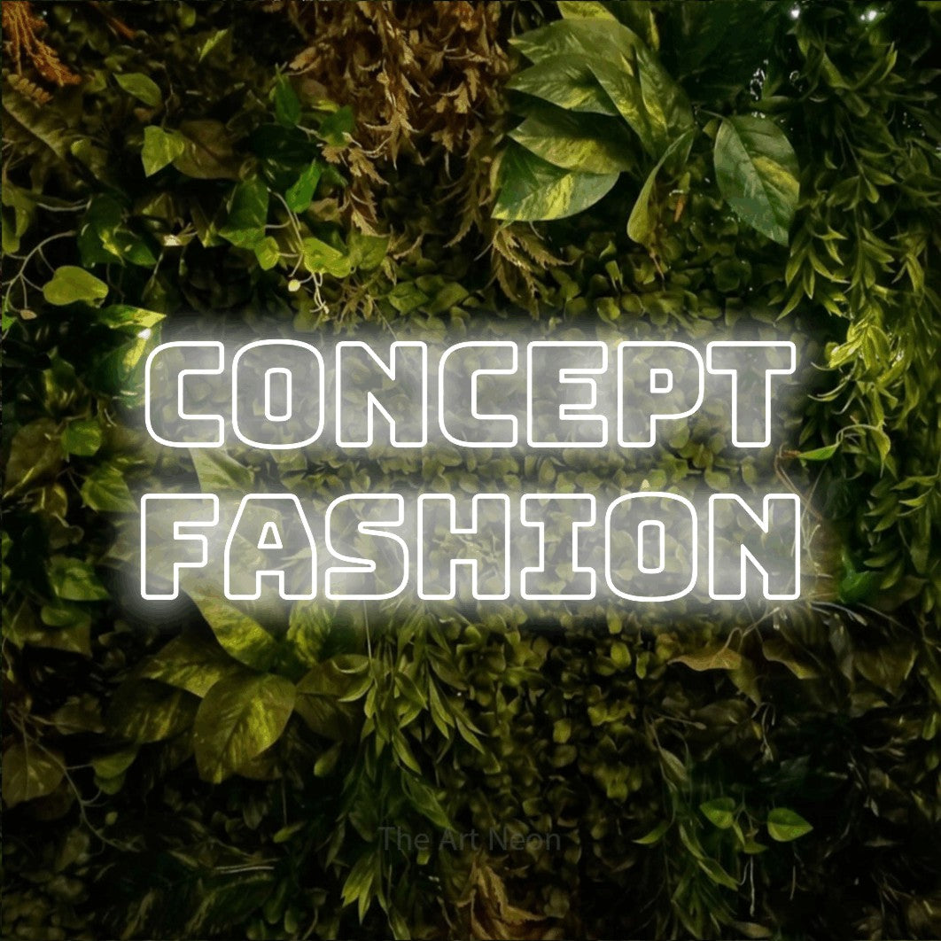 LED neon sign reading “CONCEPT fashion”, arranged in two lines.