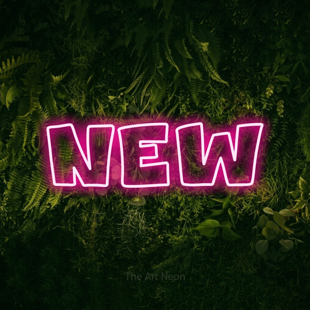 LED neon sign reading “NEW”, arranged in a single line.