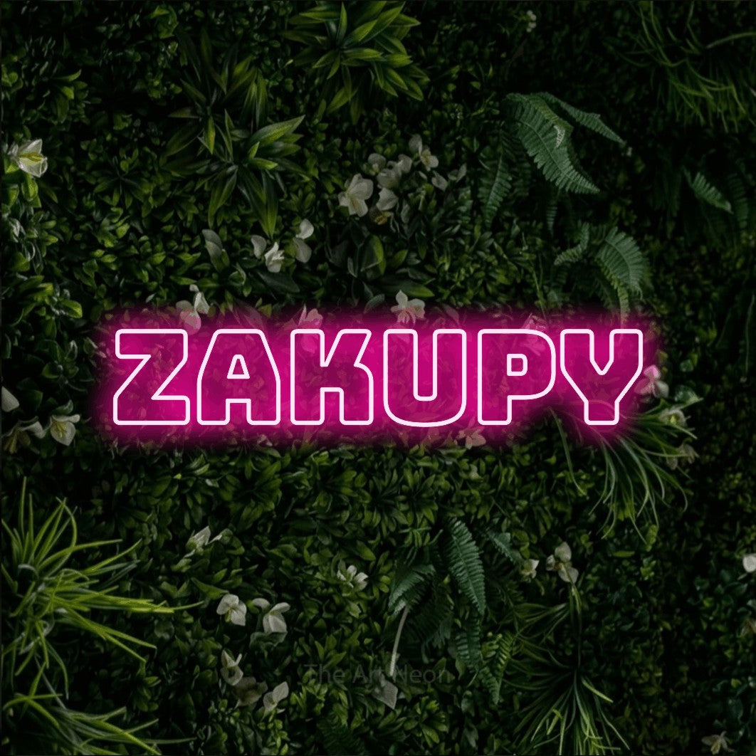 LED neon sign reading “zakupy”, arranged in a single line.