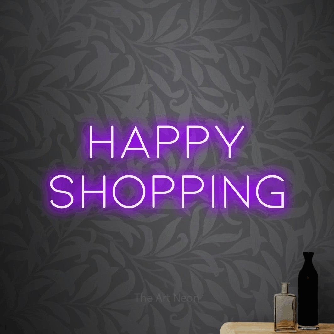 LED neon sign reading “Happy Shopping”, arranged in two lines.