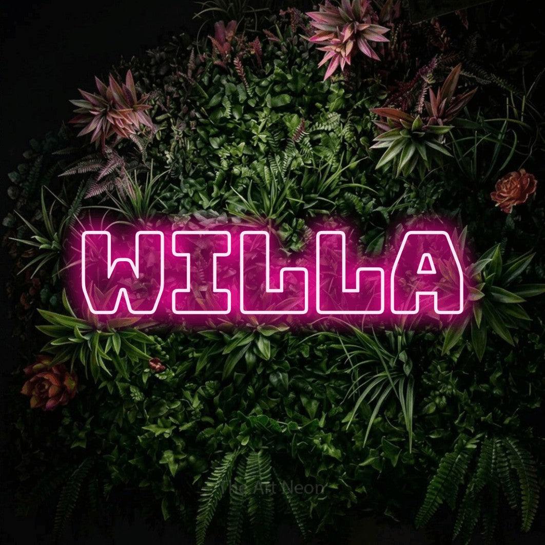 LED neon sign reading “WILLA”, arranged in a single line.