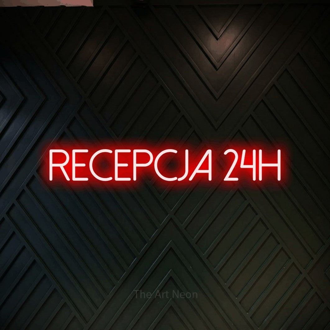 LED neon sign reading “RECEPCJA 24h”, arranged in a single line.