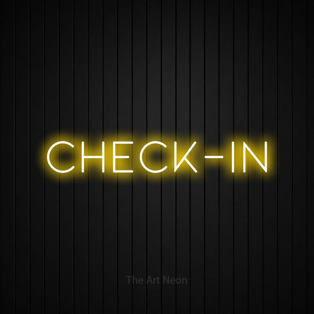 LED neon sign reading “Check-in”, arranged in a single line.