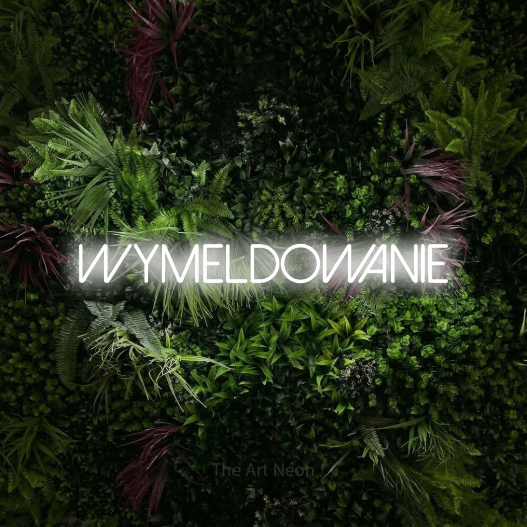 LED neon sign reading “WYMELDOWANIE”, arranged in a single line.