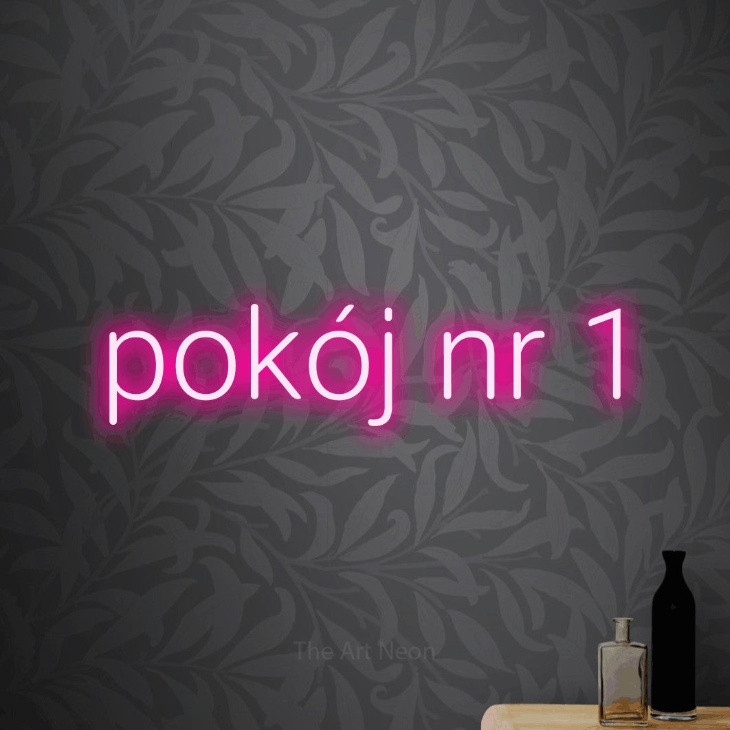 LED neon sign reading “pokój nr 1”, arranged in a single line.