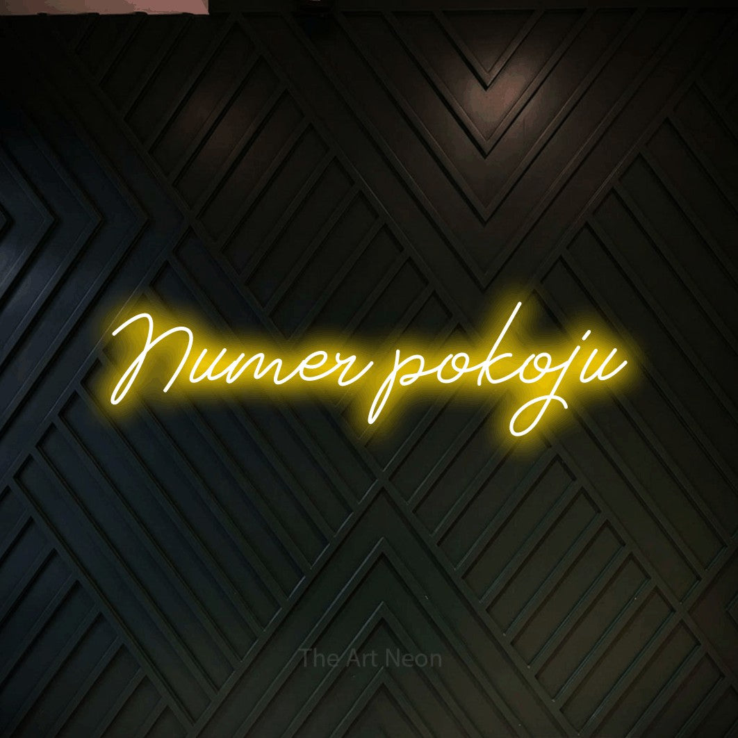 LED neon sign reading “Numer pokoju”, arranged in a single line.