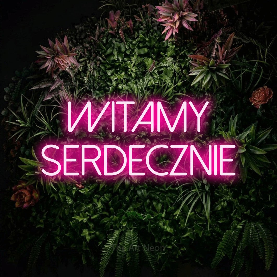 LED neon sign reading “witamy serdecznie”, arranged in two lines.