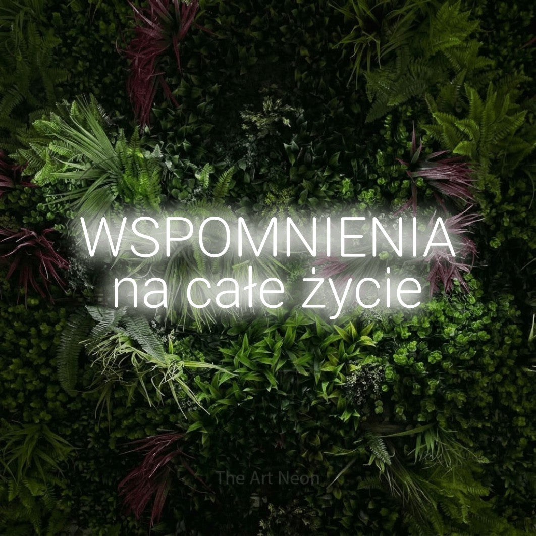 LED neon sign reading “WSPOMNIENIA na całe życie”, arranged in two lines.