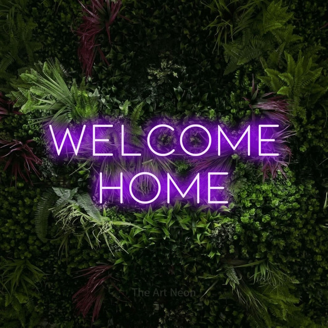 LED neon sign reading “WELCOME home”, arranged in two lines.