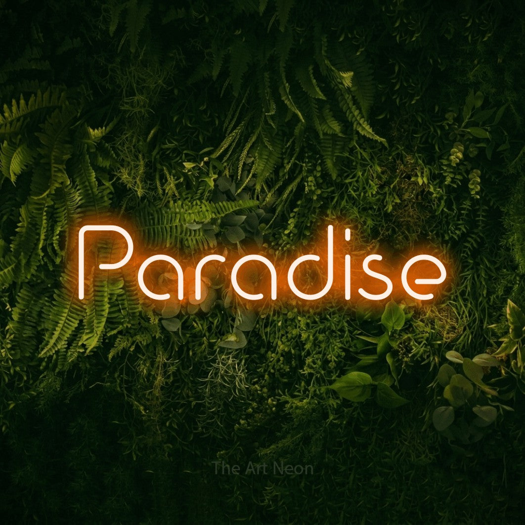 LED neon sign reading “Paradise”, arranged in a single line.