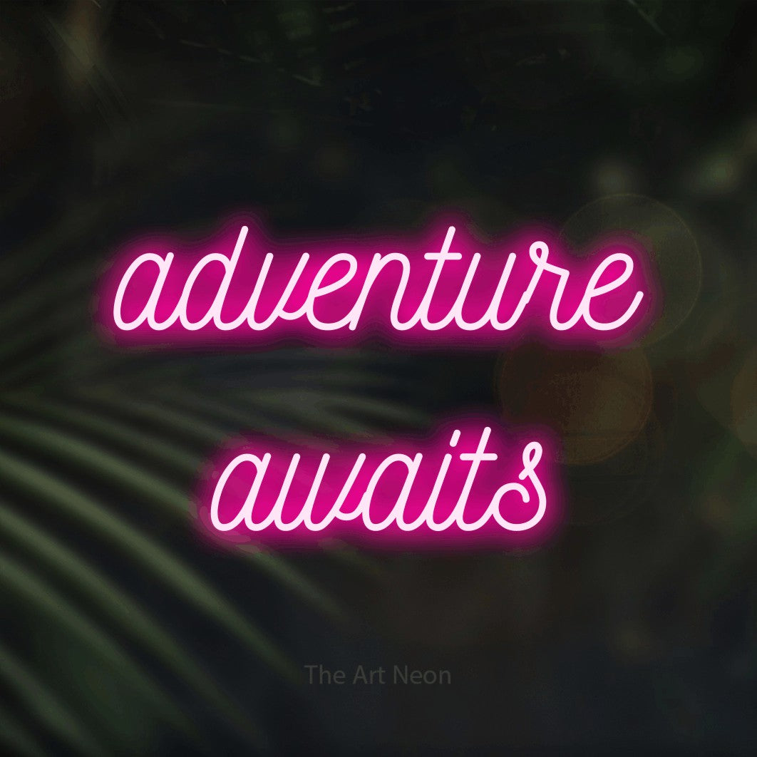 LED neon sign reading “adventure awaits”, arranged in two lines.