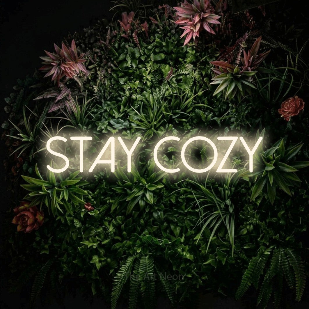 LED neon sign reading “STAY cozy”, arranged in a single line.