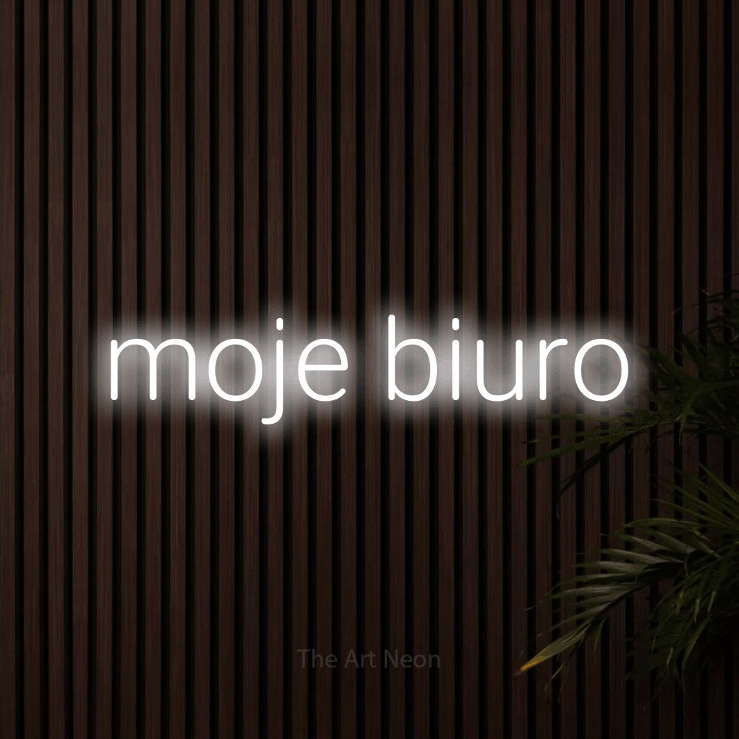 LED neon sign reading “moje biuro”, arranged in a single line.