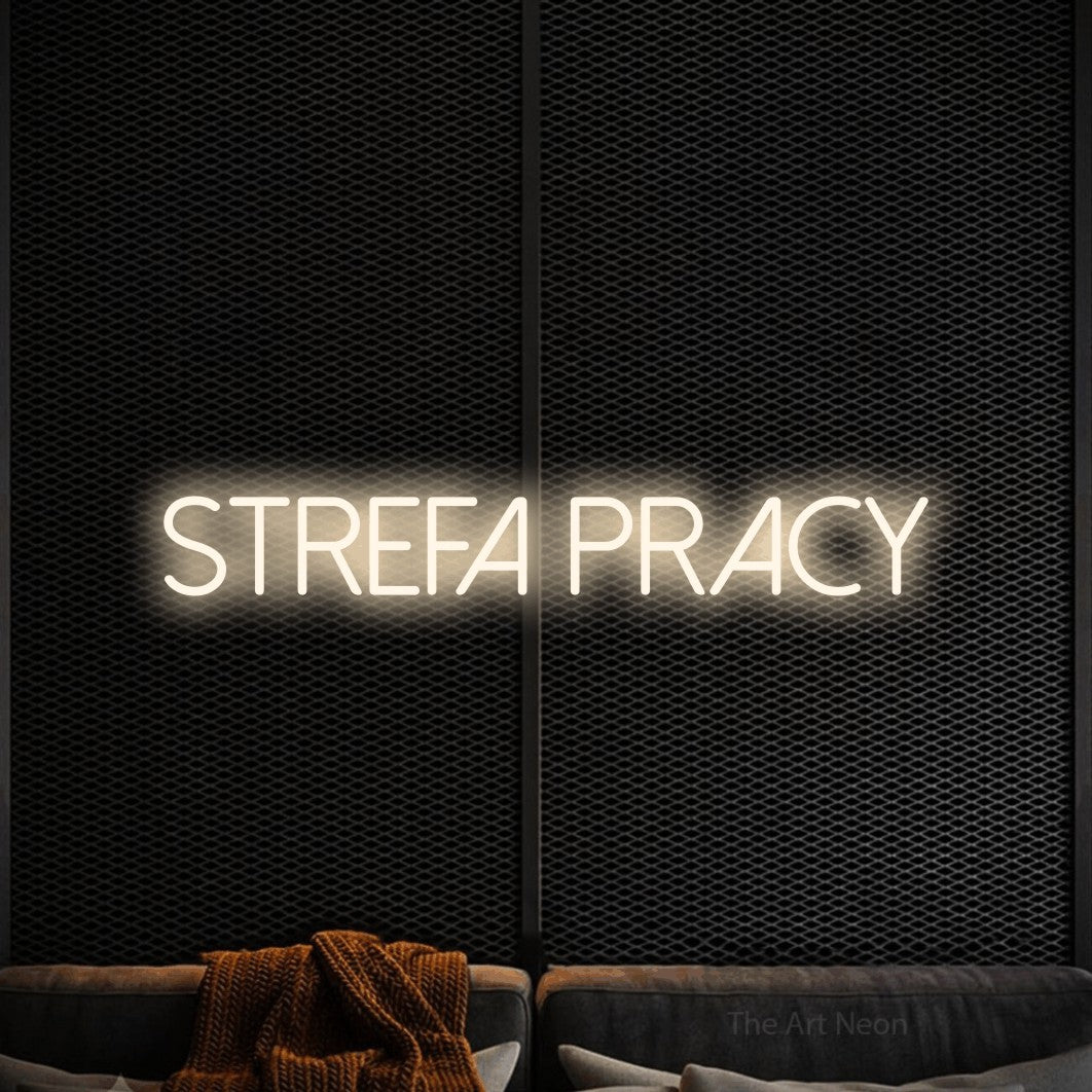 LED neon sign reading “Strefa pracy”, arranged in a single line.