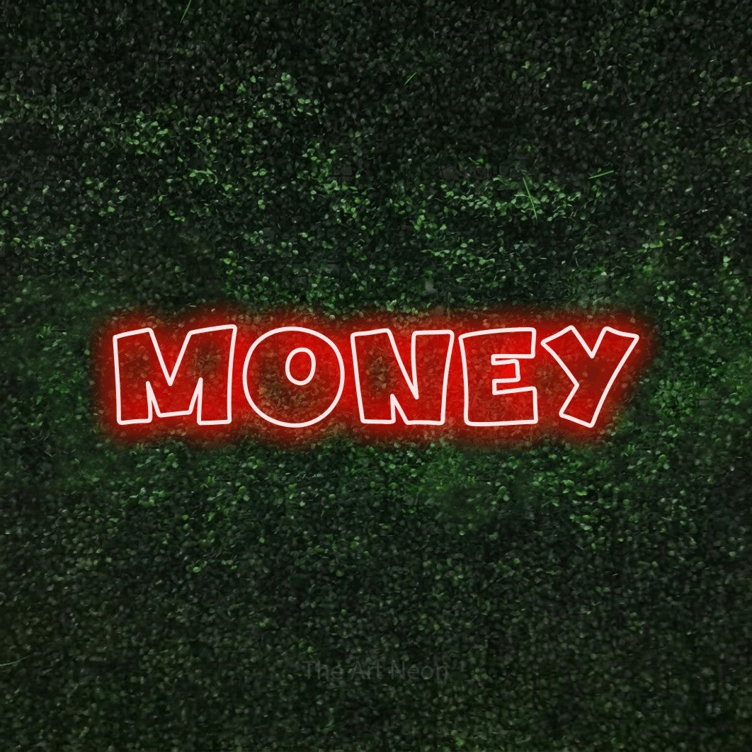 LED neon sign reading “MONEY”, arranged in a single line.