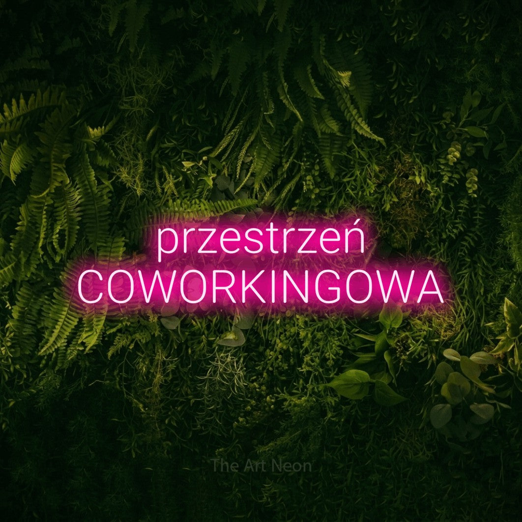 LED neon sign reading “przestrzeń COWORKINGOWA”, arranged in two lines.