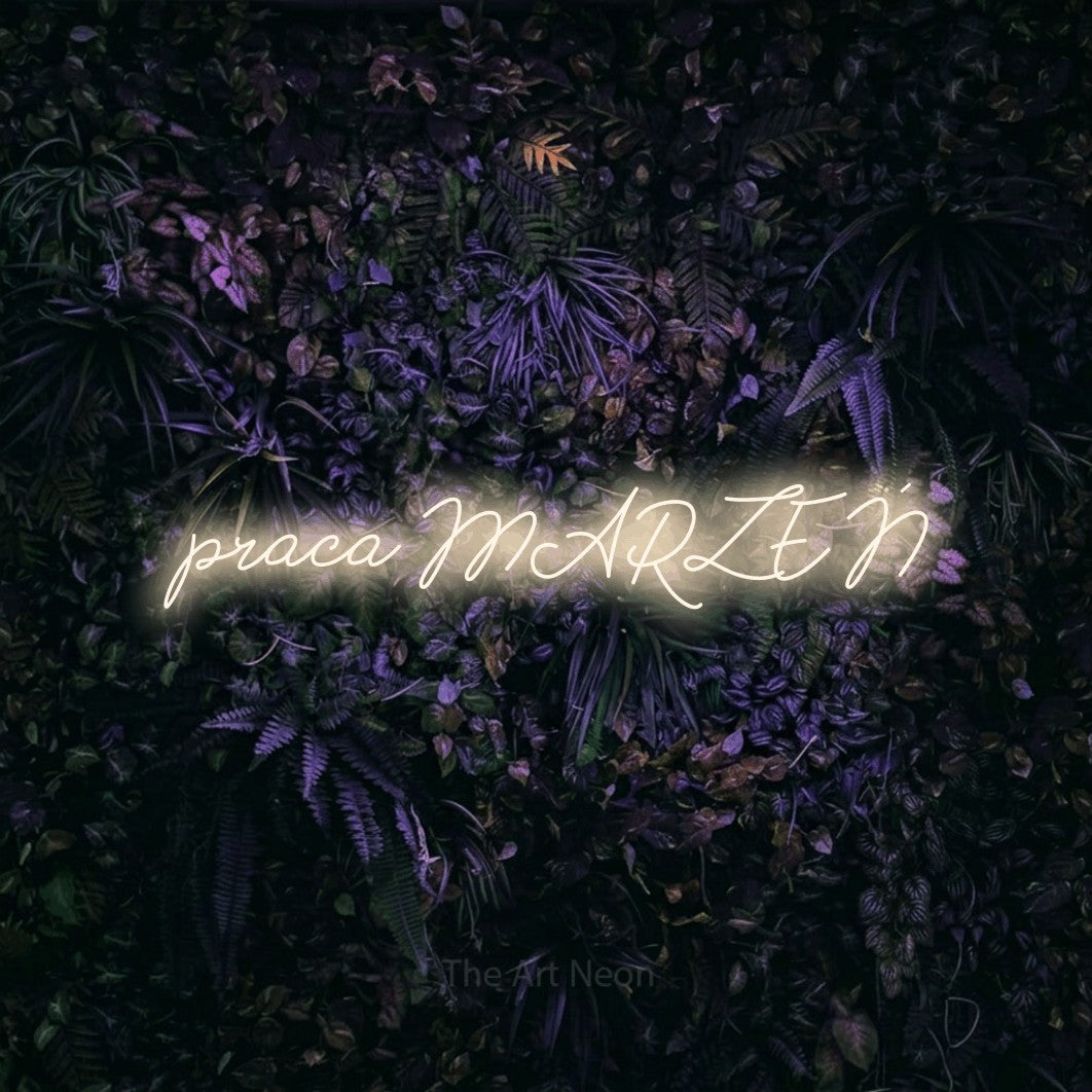 LED neon sign reading “praca MARZEŃ”, arranged in a single line.
