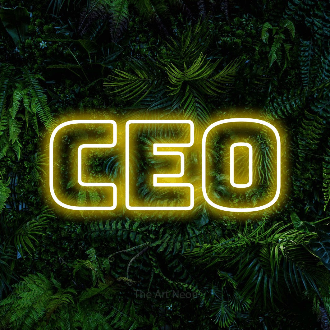 LED neon sign reading “CEO”, arranged in a single line.