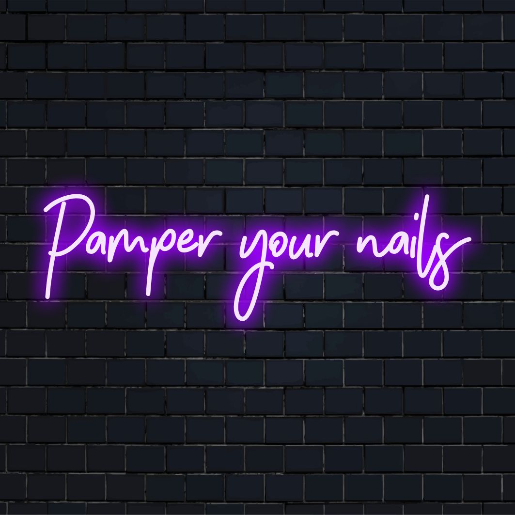 Vibrant LED neon sign displaying Pamper Your Nails; perfect wall art for creating an inviting, glamorous vibe.