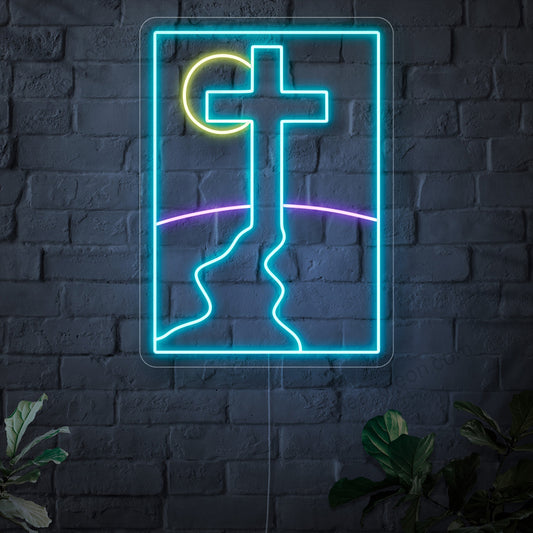 An illuminated neon sign featuring a path leading to a cross, symbolizing the journey of faith and providing a sense of direction and inspiration