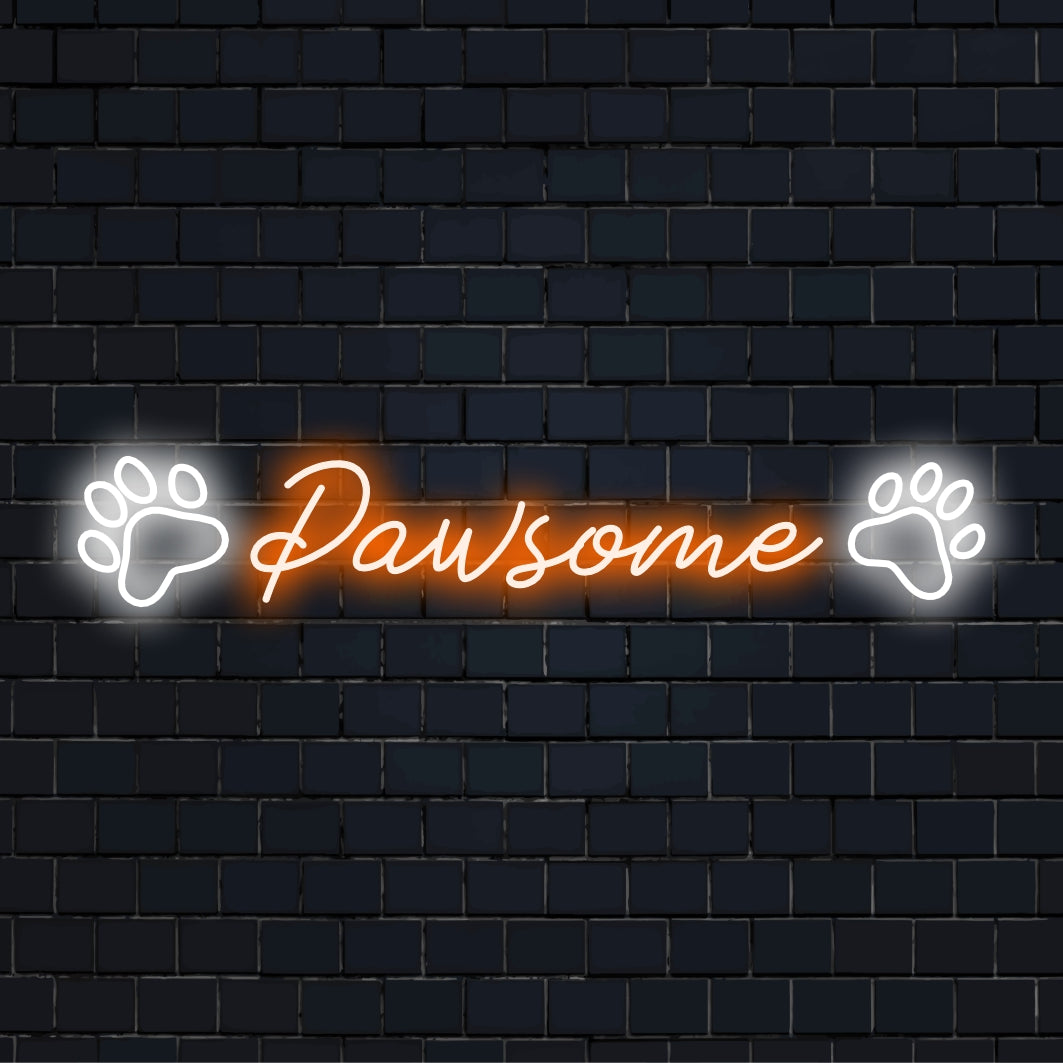 Semn neon cu LED personalizat intitulat Pawsome, stilat pentru iubitorii de animale de companie; prezintă culoare neon vibrantă și design labe.