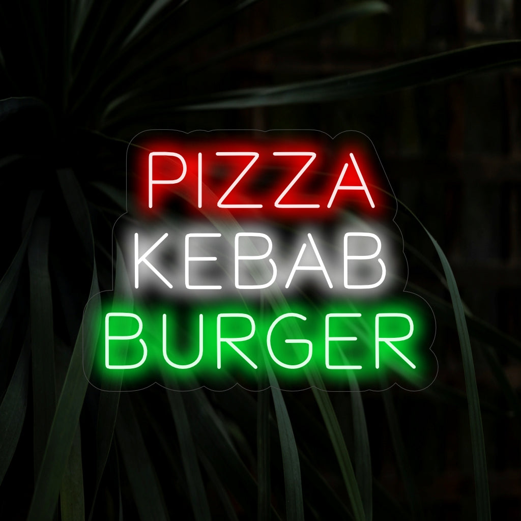 "Pizza Kebab Burger Neon Sign" is a mouthwatering and versatile addition, perfect for spaces that showcase a variety of delicious options. Illuminate with the aroma of a diverse menu!