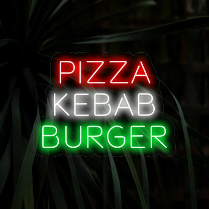 "Pizza Kebab Burger Neon Sign" is a mouthwatering and versatile addition, perfect for spaces that showcase a variety of delicious options. Illuminate with the aroma of a diverse menu!