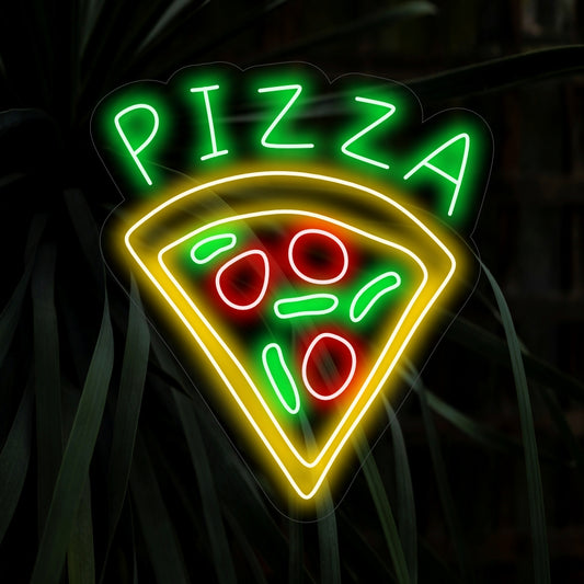 "Pizza Slice Neon Sign" is a delectable addition, perfect for pizzerias and pizza enthusiasts. Illuminate with the irresistible charm of a single slice!