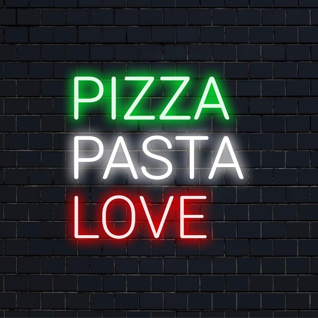 Custom-made LED neon sign showcasing Pizza Pasta Love with vivid, colorful glow; perfect as unique neon wall art decor.