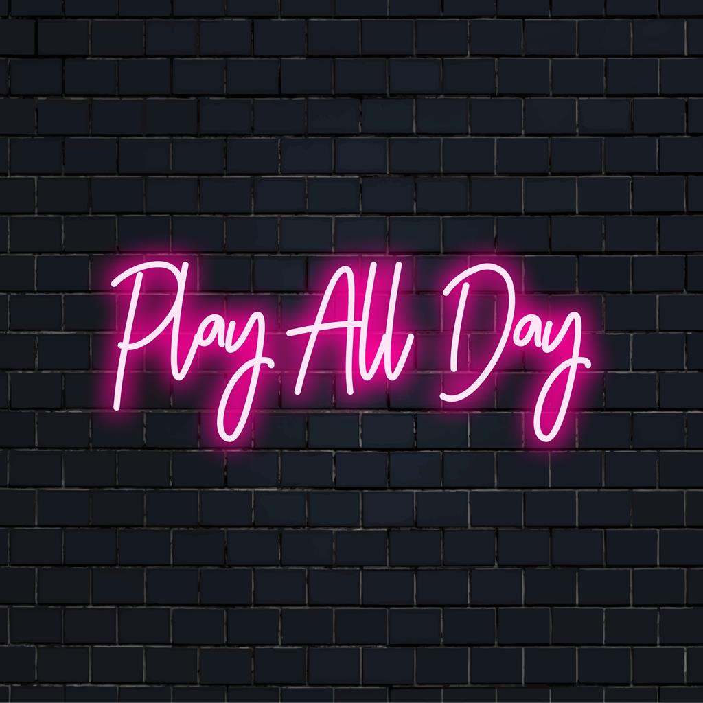 Custom made LED neon sign featuring playful Play All Day text, perfect neon light decor for vibrant and engaging spaces.