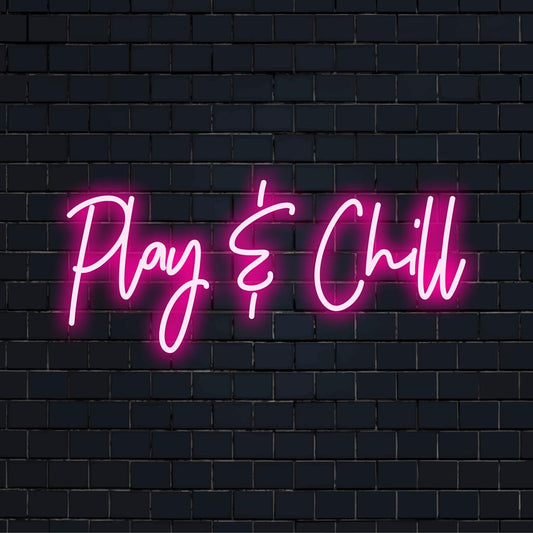 LED neon sign that reads Play And Chill in stylish font, adding vibrant neon light decor for a laid-back vibe.