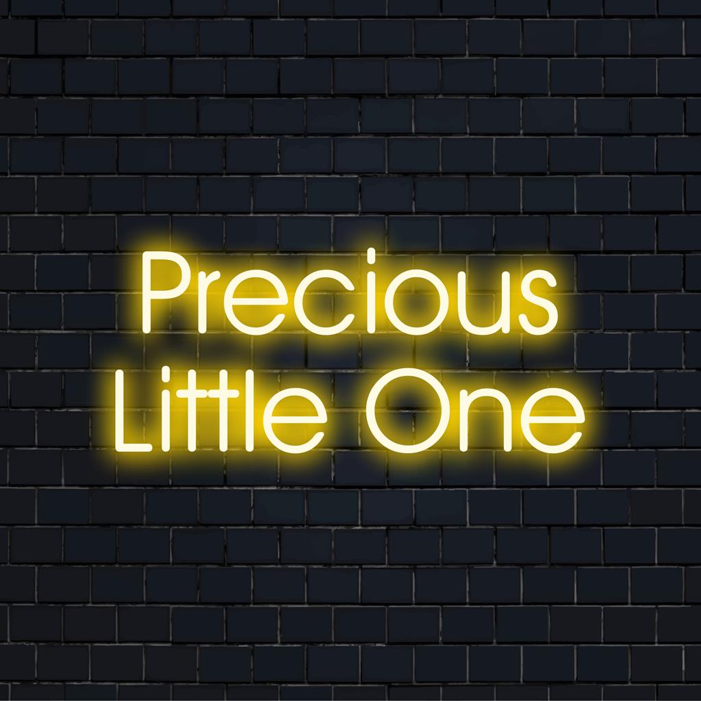 Custom-made LED neon sign with 'Precious Little One' text, featuring a personalized soft white neon glow for special occasions.