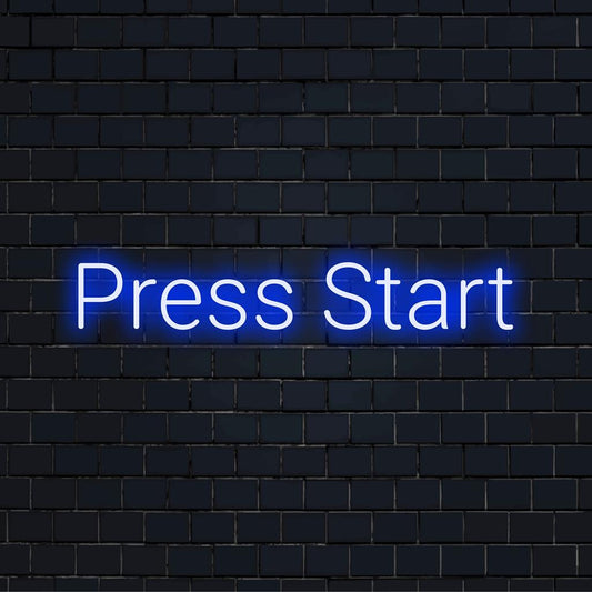 Vibrant custom-made LED neon sign featuring the phrase Press Start; perfect for adding a retro gaming vibe to any space.