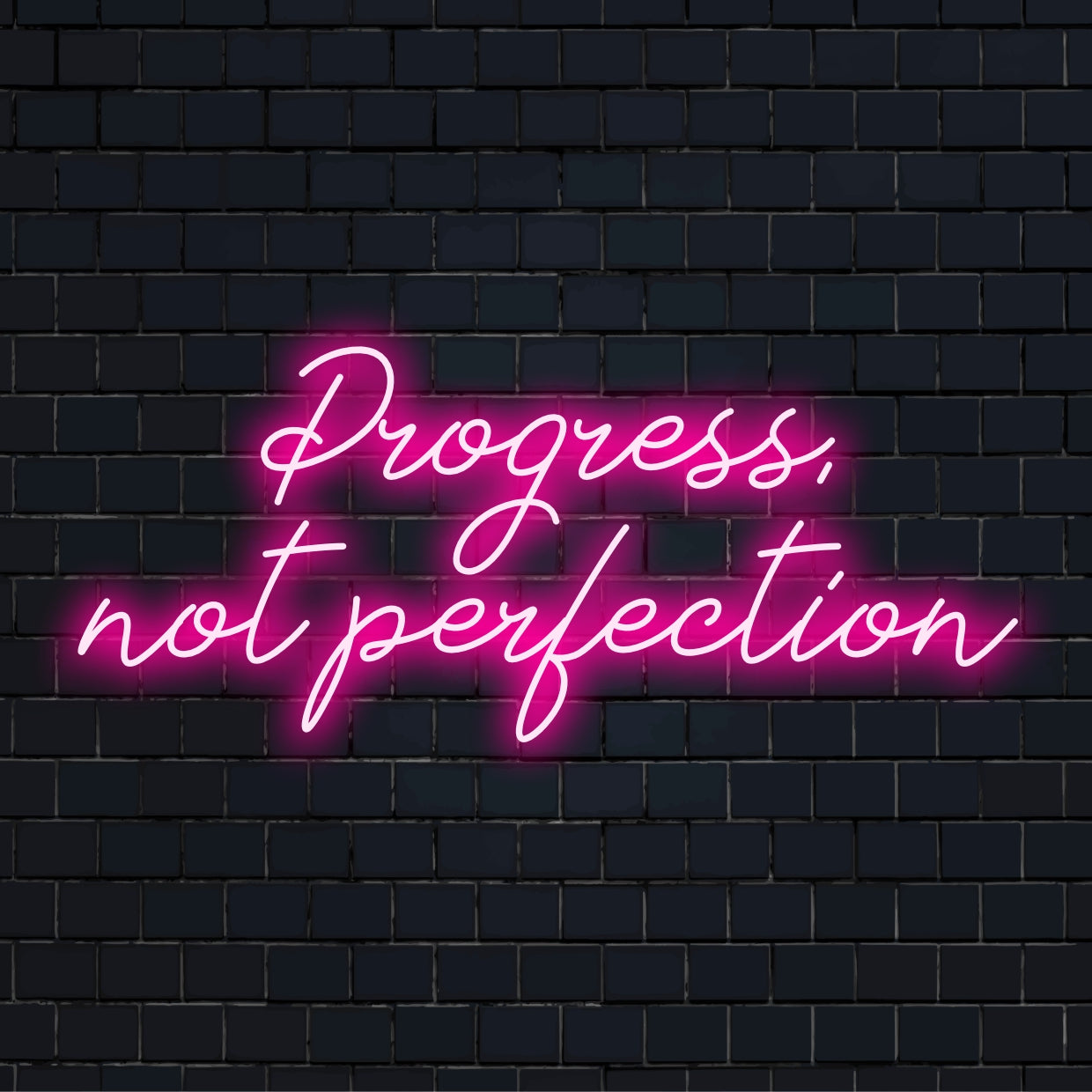 Handmade LED neon sign with Progress, Not Perfection in vibrant hues – an inspiring custom light decor piece.