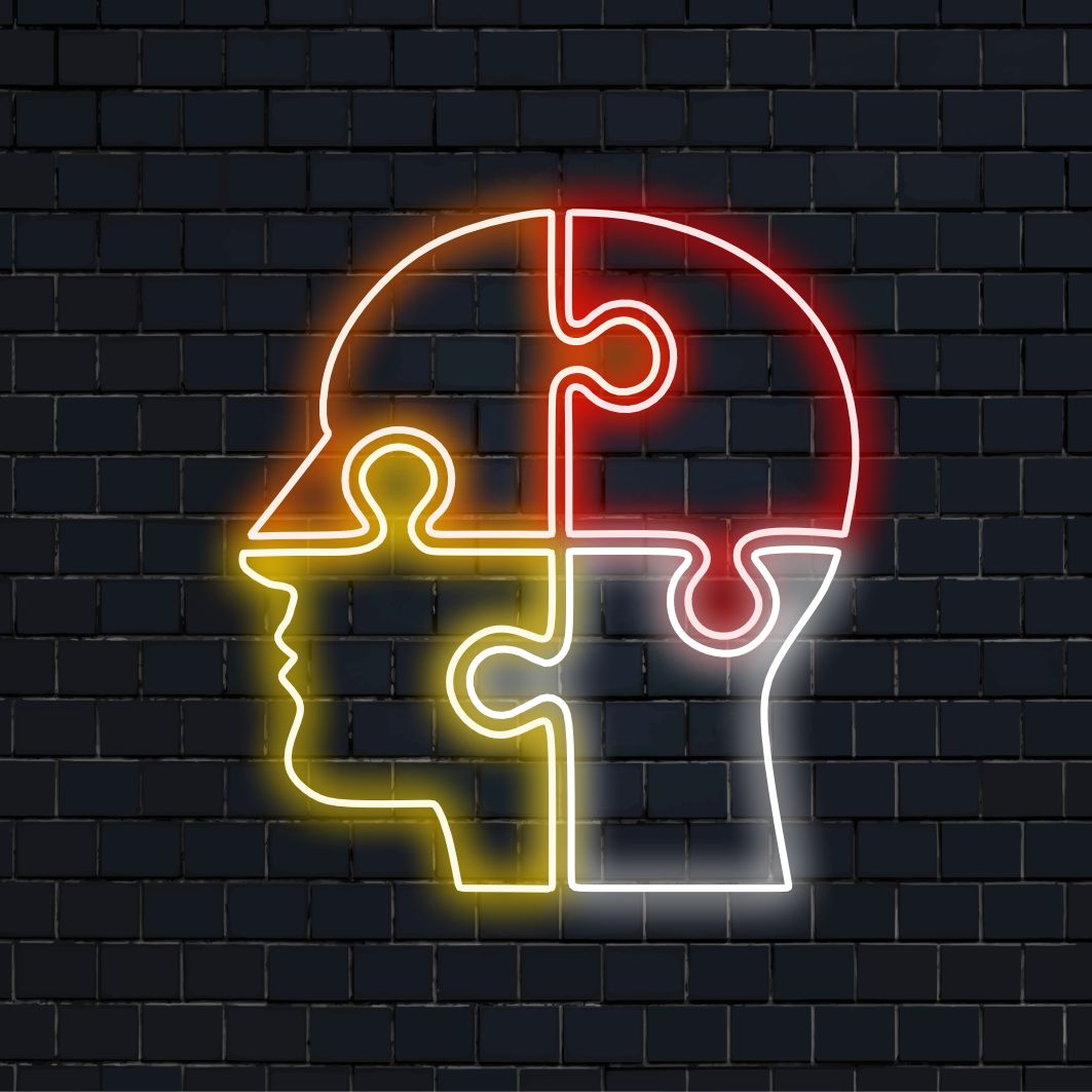 "Puzzle Head Neon Sign" dodatak je koji potiče na razmišljanje za prostore koji slave složenost ljudskog uma. Obasjajte esencijom znatiželje i intelekta!