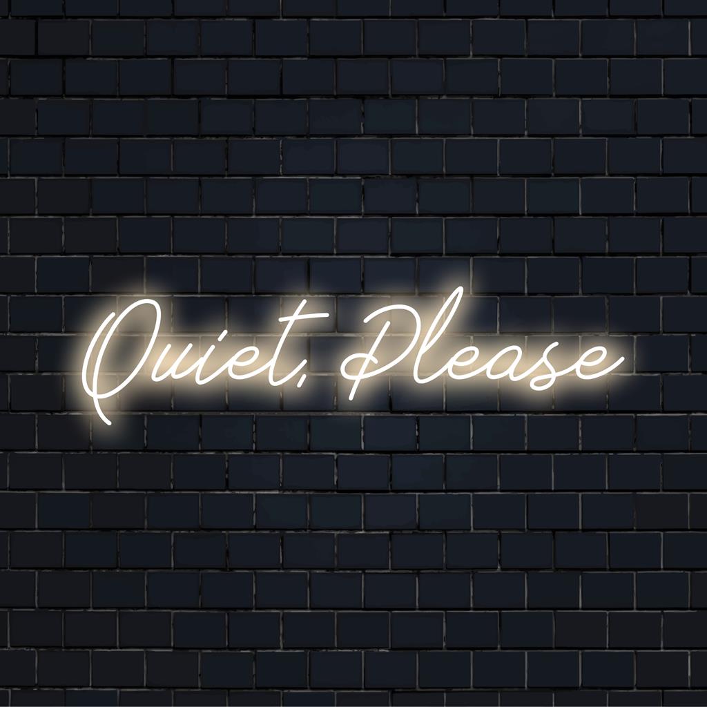 Custom made LED neon sign featuring the phrase Quiet, Please in bright, vibrant colors to add a stylish touch to any space.