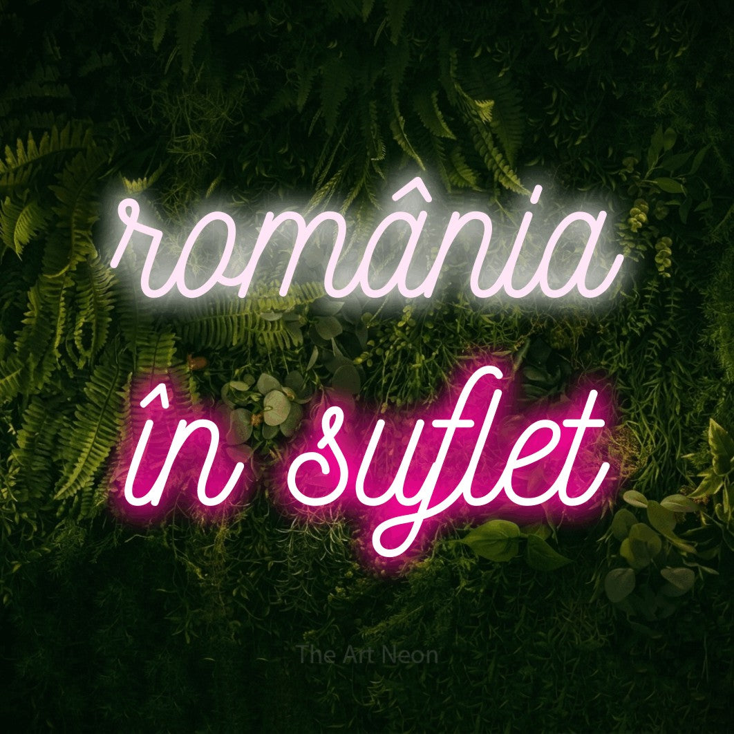 LED neon sign reading “românia în suflet”, arranged in two lines.