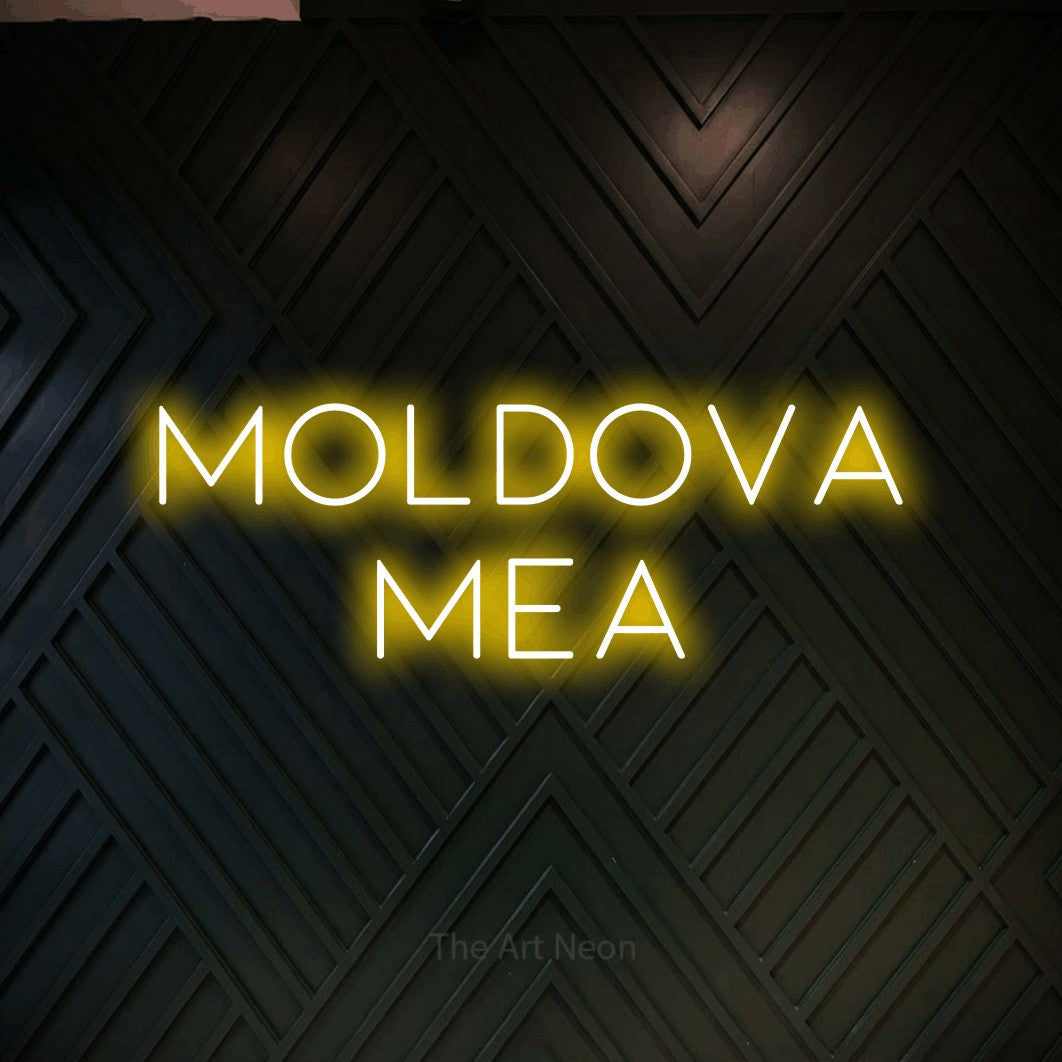 LED neon sign reading “moldova mea”, arranged in two lines.