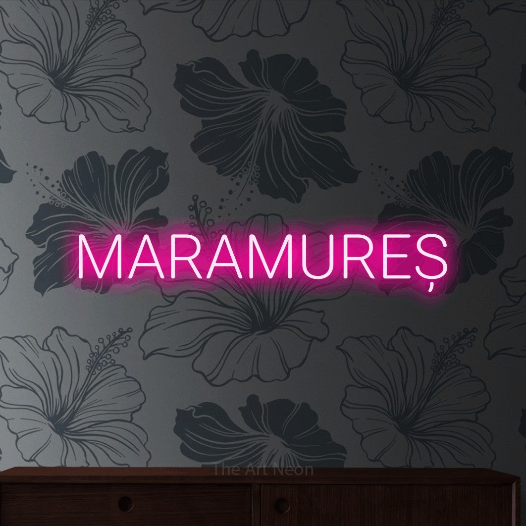 LED neon sign reading “MARAMUREȘ”, arranged in a single line.