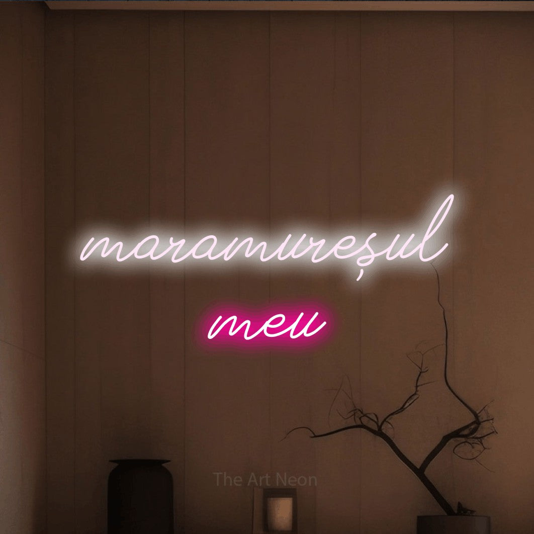 LED neon sign reading “maramureșul meu”, arranged in two lines.