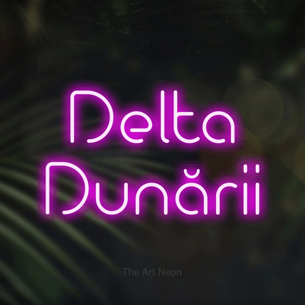LED neon sign reading “Delta Dunării”, arranged in two lines.