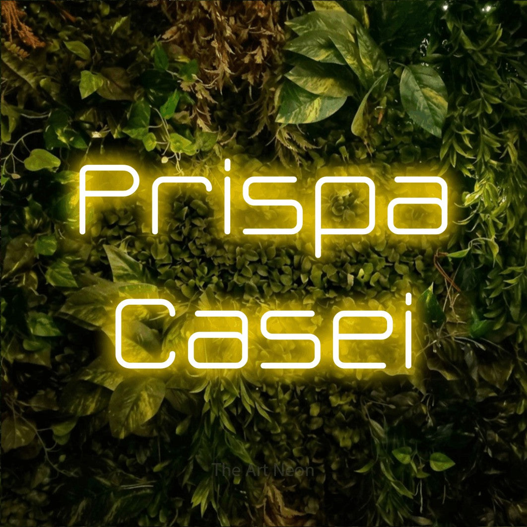 LED neon sign reading “Prispa Casei”, arranged in two lines.