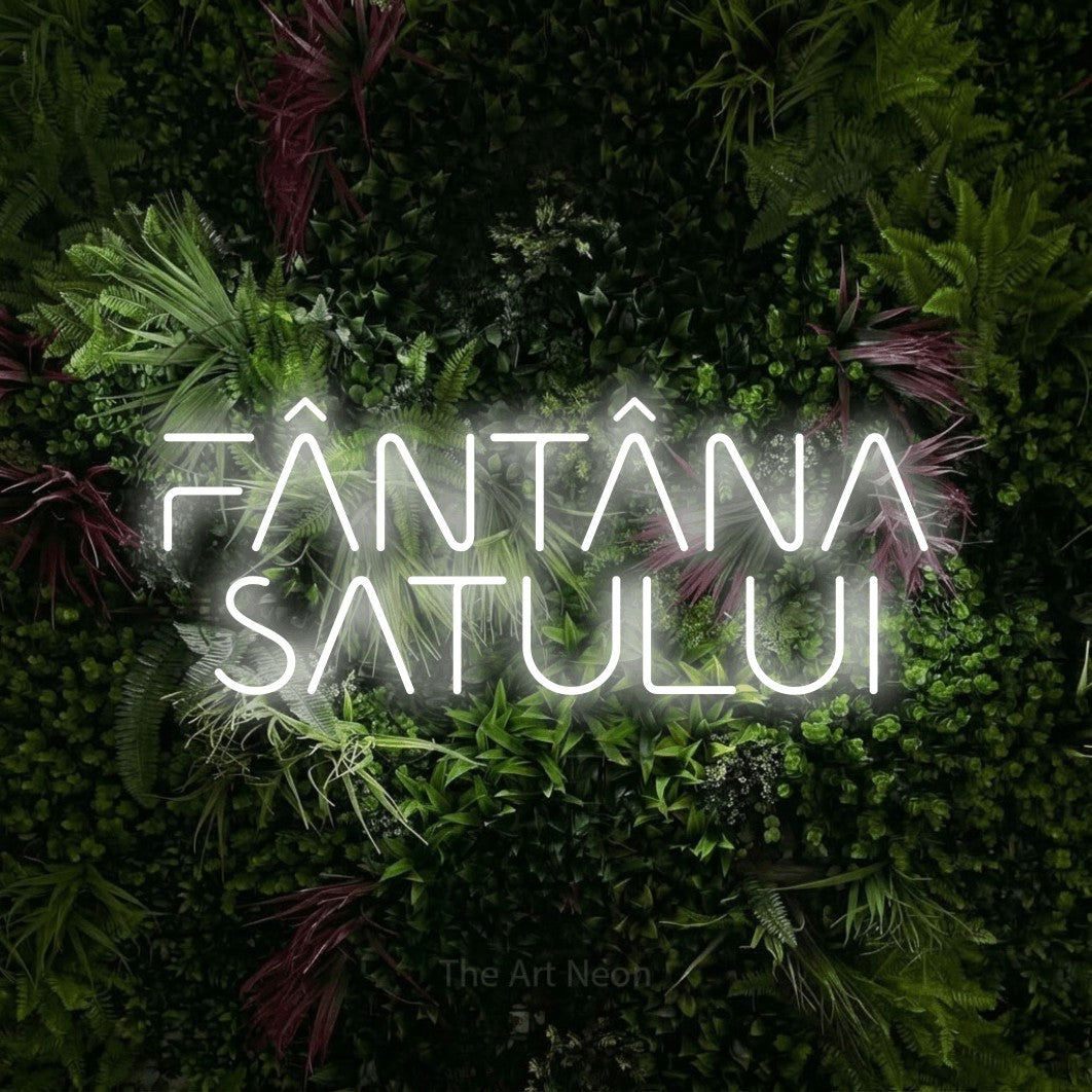 LED neon sign reading “FÂNTÂNA SATULUI”, arranged in two lines.