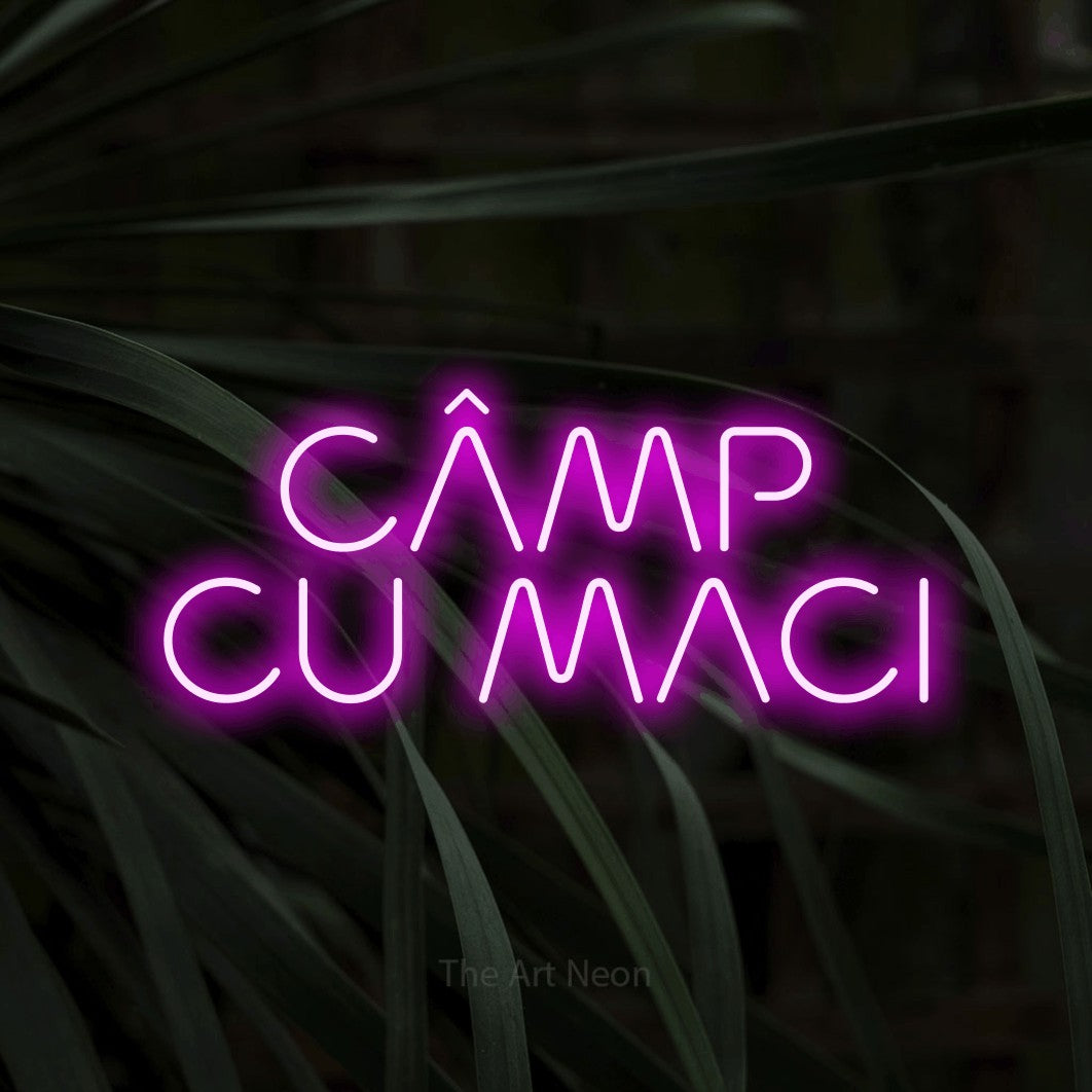 LED neon sign reading “CÂMP CU MACI”, arranged in two lines.