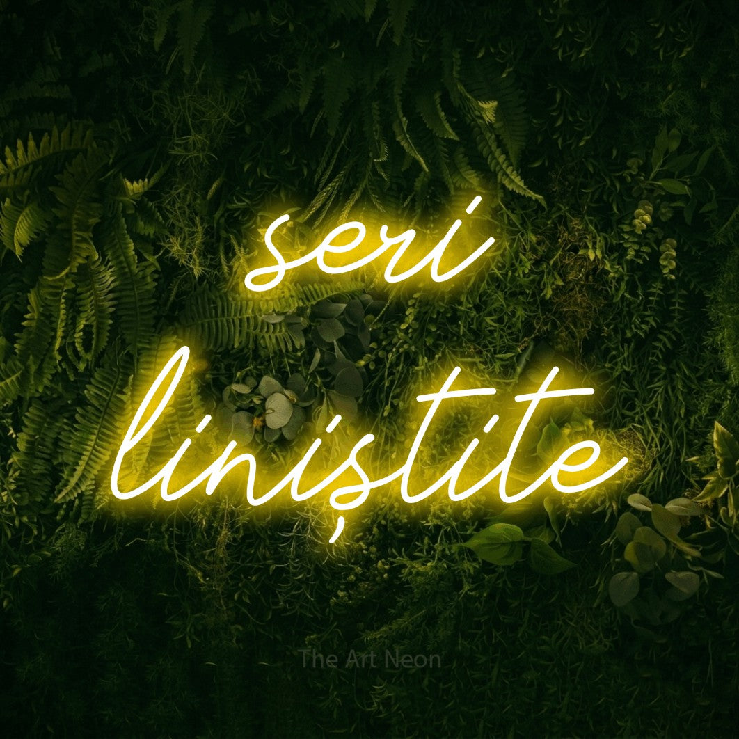 LED neon sign reading “seri liniștite”, arranged in two lines.