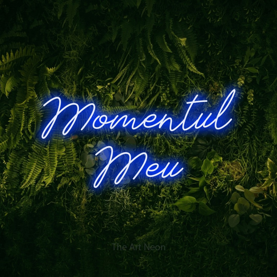 LED neon sign reading “Momentul Meu”, arranged in two lines.