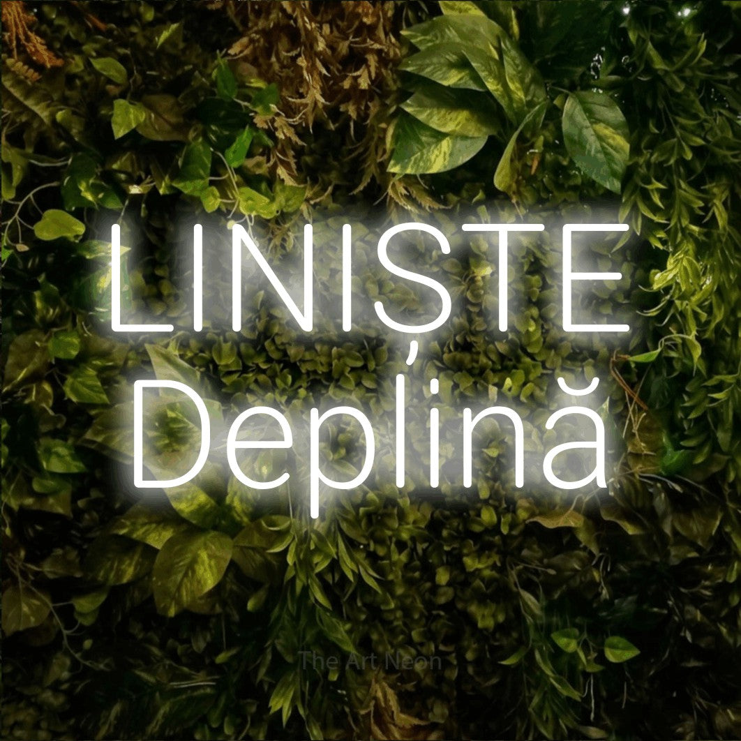 LED neon sign reading “LINIȘTE Deplină”, arranged in two lines.