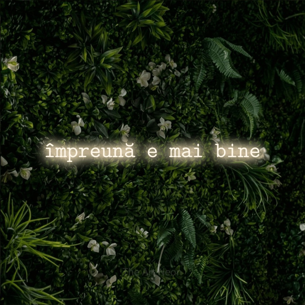 LED neon sign reading “împreună e mai bine”, arranged in a single line.
