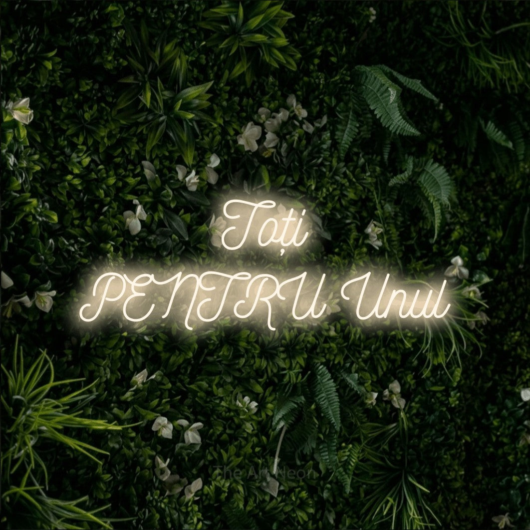 LED neon sign reading “Toți PENTRU Unul”, arranged in two lines.